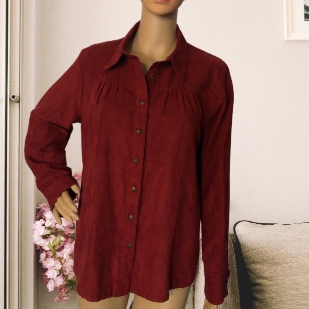 Vintage Lemon Grass Red Shirt Button Down Suede Feel Collared Blouse Red
